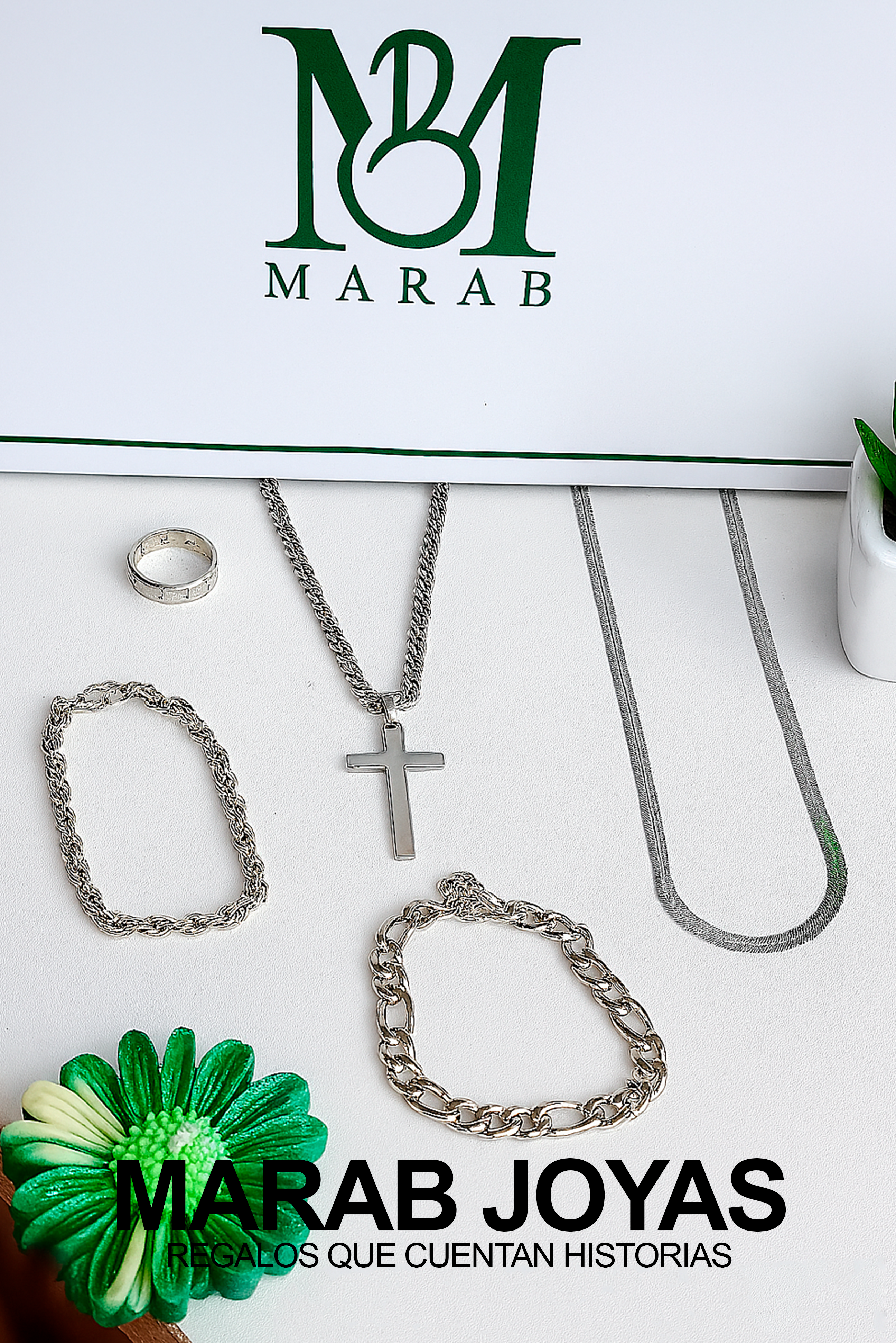 Set Cruz Acero Plateado con Anillo (6 piezas)