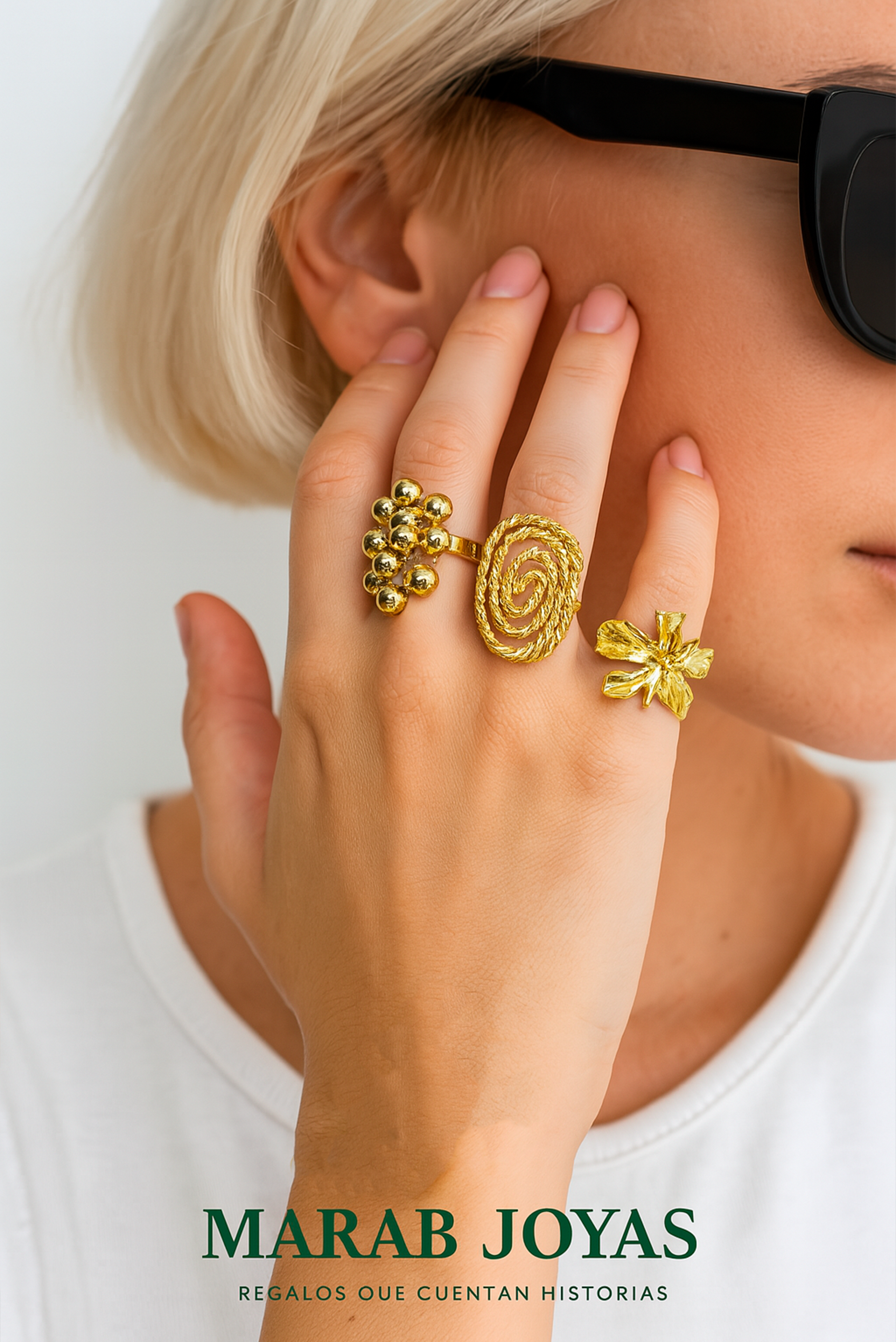 Set de 3 Anillos Dorados: Espiral, Racimo y Flor Esculpida