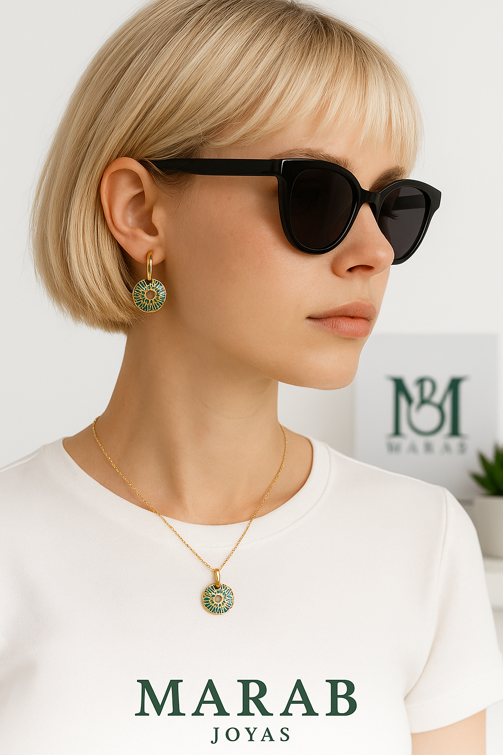 Set Mandala Verde: Collar + Zarcillos Dorados Esmaltados