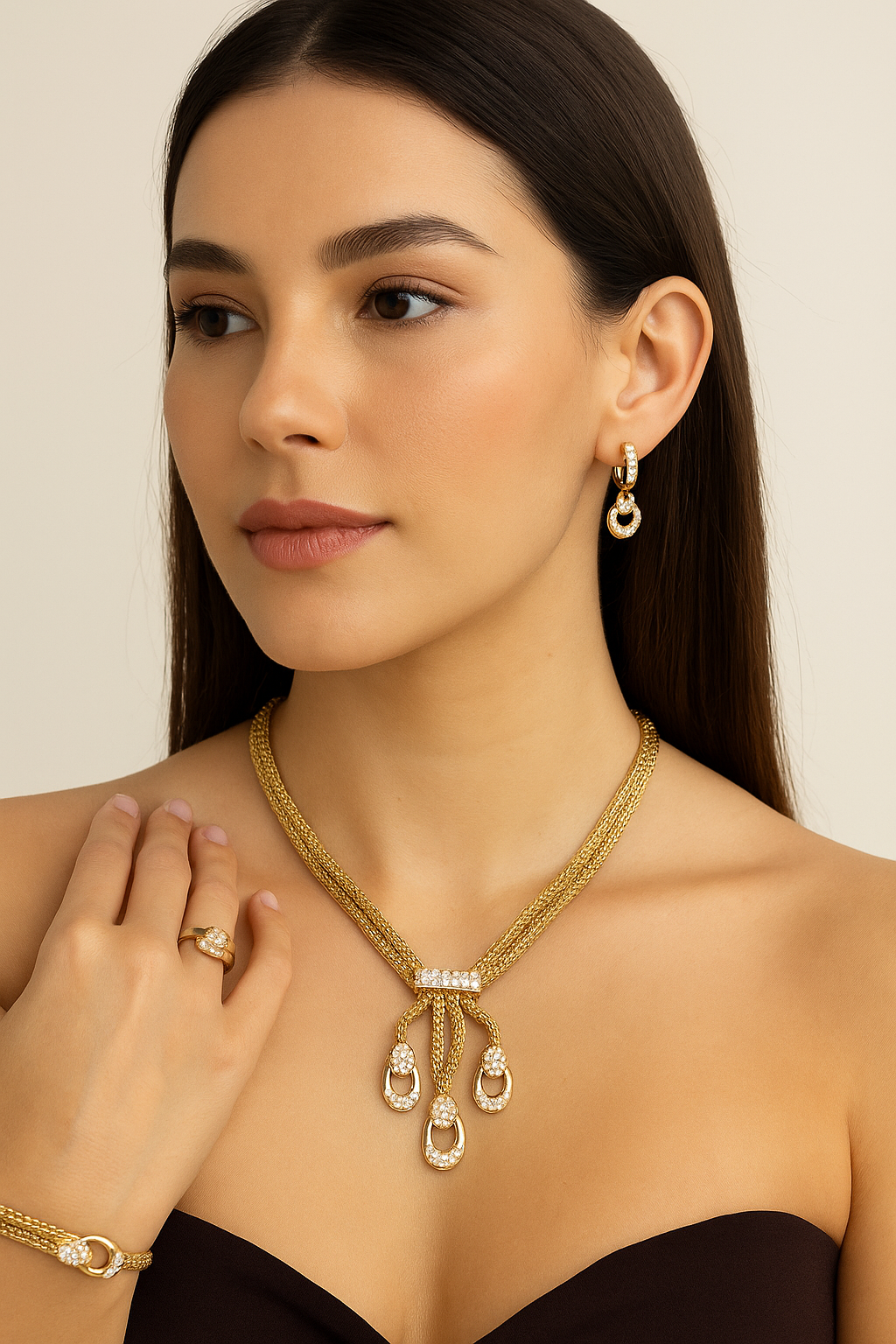 Set Royal Glam – Collar, Anillo, Pulsera y Zarcillos en Oro Rosado