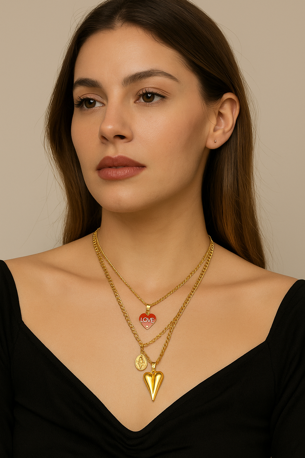 Set Triple Corazón – Collares Dorados con Dijes de Amor