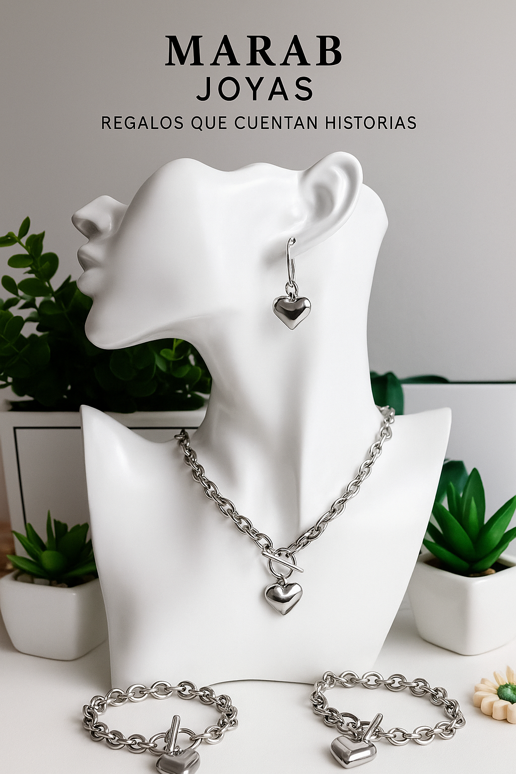 Set Corazón Plateado Acero
