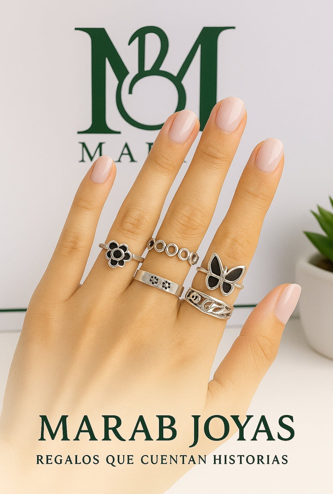 Set de 5 Anillos plateados Texturizados – MARAB JOYAS