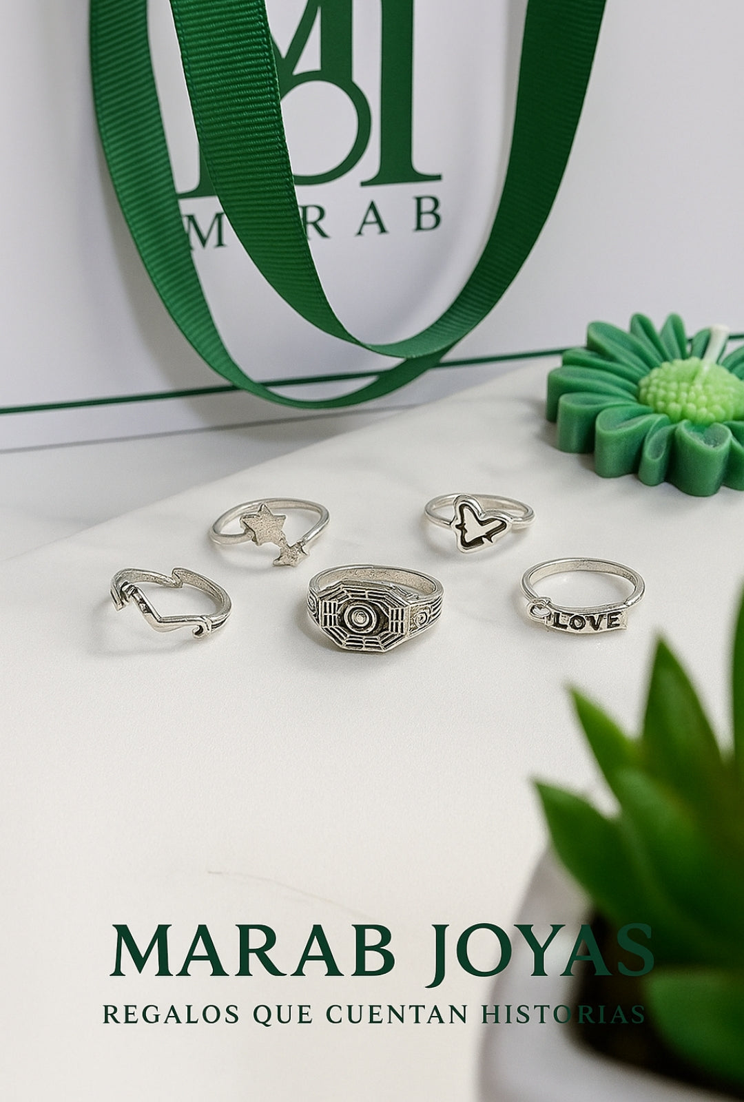 Set de 5 Anillos Plateados “LOVE & STARS” – MARAB JOYAS
