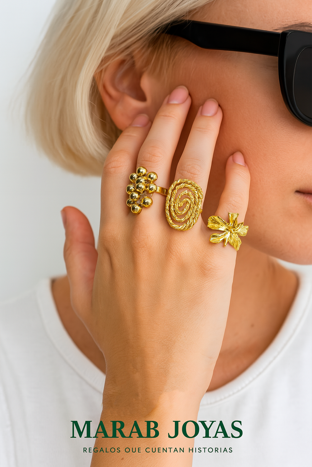Set de 3 Anillos Dorados: Espiral, Racimo y Flor Esculpida