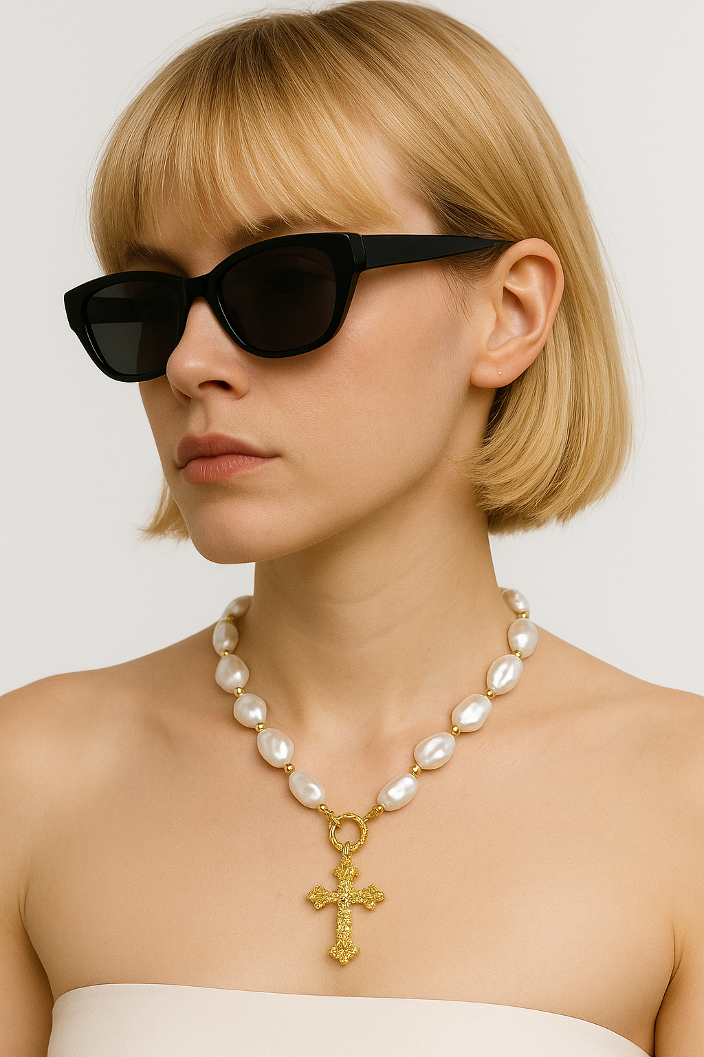 Collar Perlas & Cruz Dorada: Elegancia Clásica con Cierre Frontal