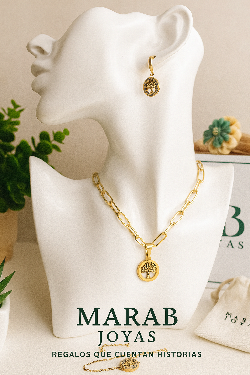 Set Árbol de la Vida: Collar + Pulsera + Zarcillos Dorados