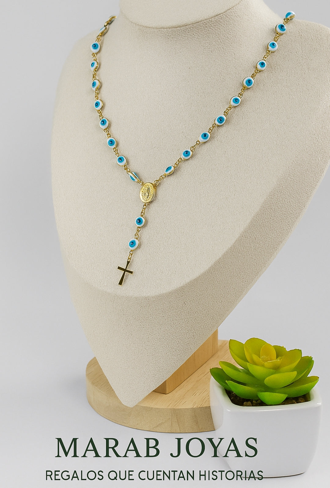 Rosario Dorado con Ojo Turco y Medalla de la Virgen