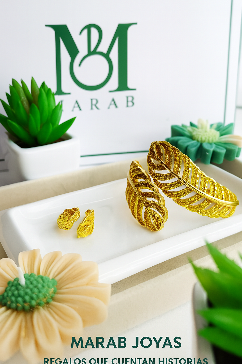 Set Hoja Dorada: Brazalete + Anillo en Relieve