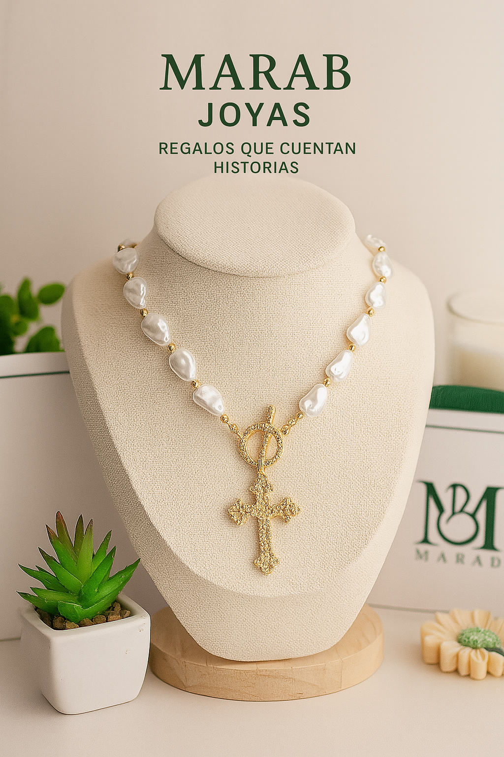 Collar Perlas & Cruz Dorada: Elegancia Clásica con Cierre Frontal