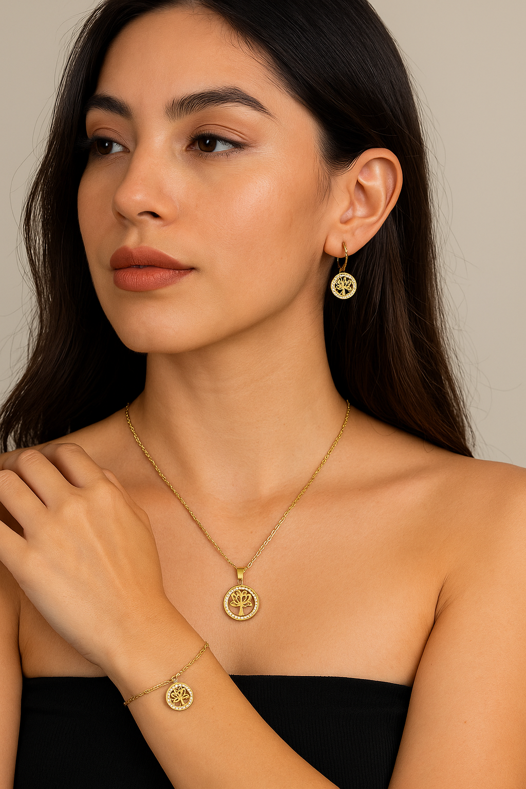 Set Árbol de la Vida: Collar + Pulsera + Zarcillos Dorados
